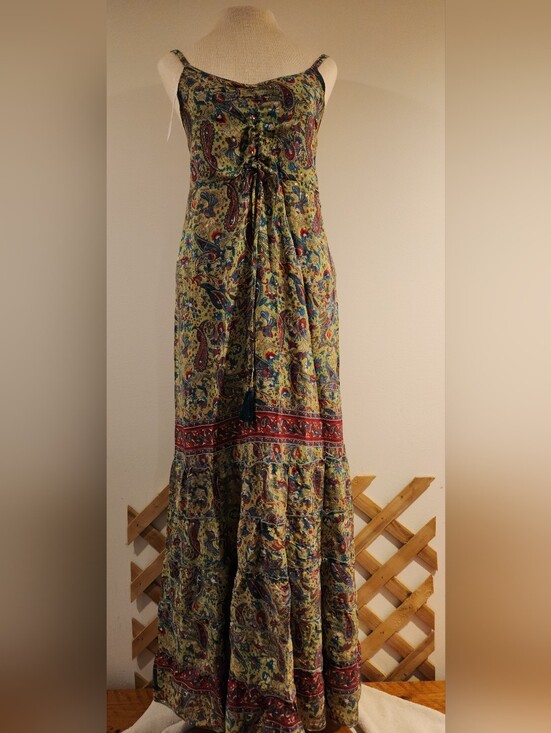 White Waves Dresses & Skirts - White Waves Green Paisley Tiered Boho Maxi Dress with Red & Blue Accents